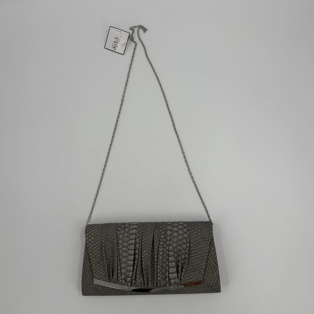 Poppie Jones Gray Snakeskin Clutch Purse Chain Strap Evening Bag NWT